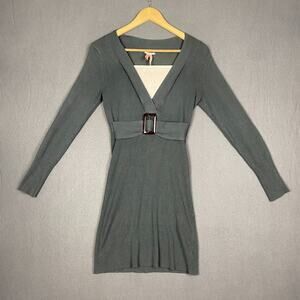 Sweater Dress Women M Gray Ribbed Belted Waist V-Neck Long Sleeve Classic Layers